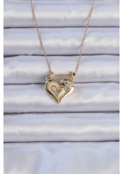316L Çelik Zincir Altın Renk Zirkon Taşlı Mıknatıslı Kalp Kolye