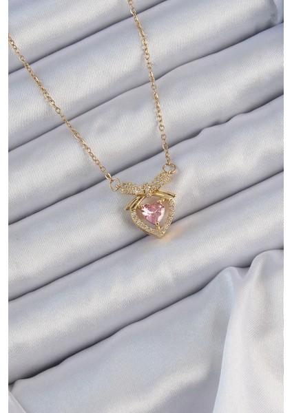 316L Çelik Zincir Altın Renk Pembe Zirkon Taşlı Fiyonklu Kalp Kolye