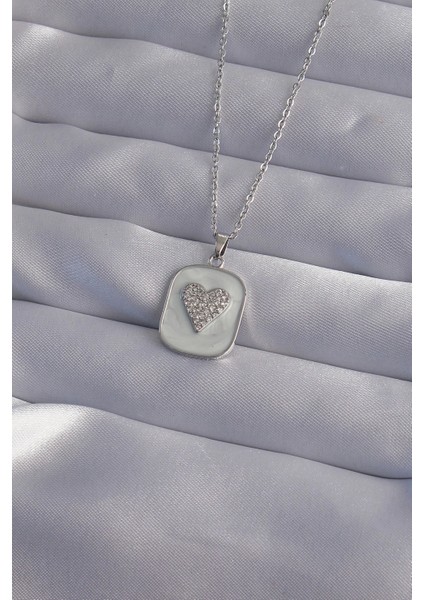 316L Çelik Zincir Mermer Desenli Gümüş Renk Zirkon Taşlı Kalp Model Kolye