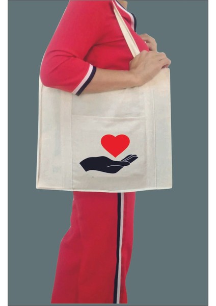 Bej Baskılı Cepli Kanvas Çanta, Şık ve Kullanışlı Günlük Çanta