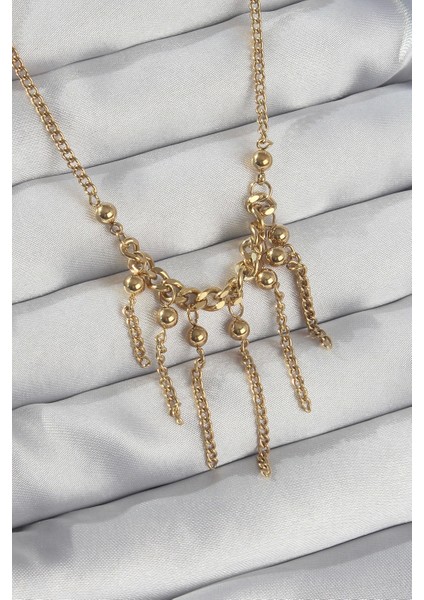 316L Çelik Zincir Gold Renk Topçuk Detay Sallantılı Zincir Kolye