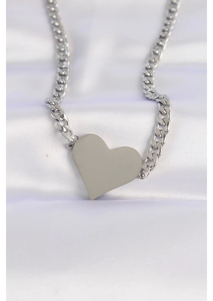 316L Çelik Zincir Gümüş Renk Düz Plaka Kalp Kolye