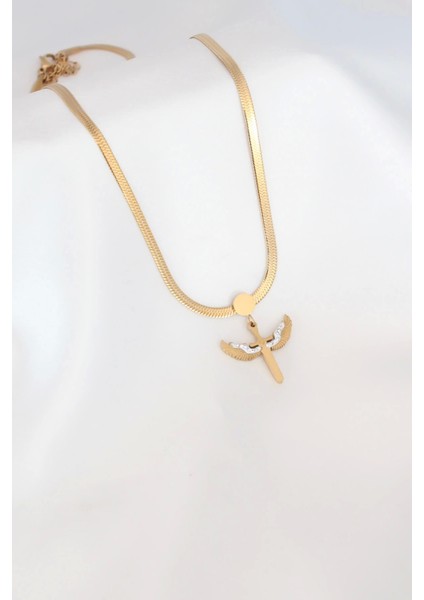 Mikail Figür Zirkon Taş Detay Gold Renk Çelik Italyan Zincir Kadın Kolye