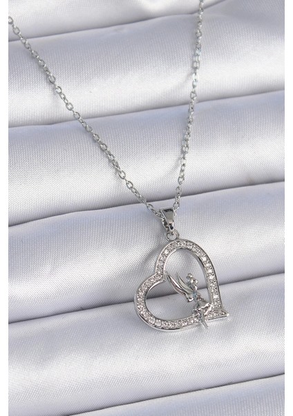 316L Çelik Zincir Gümüş Renk Zirkon Taşlı Kalp Model Melek Detay Kadın Kolye