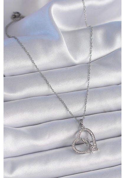 316L Çelik Zincir Gümüş Renk Zirkon Taşlı Kalp Model Melek Detay Kadın Kolye fiyatları