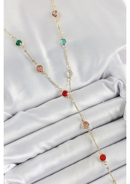 Pirinç Asorti Model Gold Renk Zirkon Taşlı Y Kolye