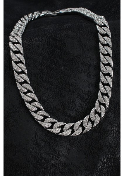 Pirinç Zirkon Taşlı Cuba Gurmet Model Gümüş Renk Erkek Kolye