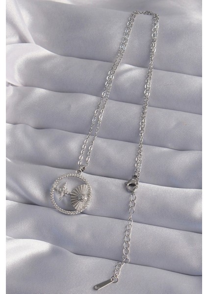 316L Çelik Zincir Gümüş Renk Zirkon Taşlı Yıldız Figürlü Oval Kolye fiyatları