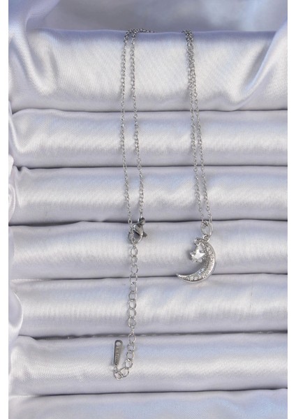316L Çelik Zincir Gümüş Renk Zirkon Taşlı Sallantılı Ay Yıldız Kolye fiyatları