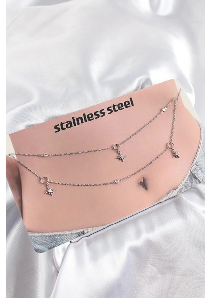 316L Çelik Zirkon Taşlı Kutup Yıldızı Model Gümüş Renk Göbek Bel Zinciri