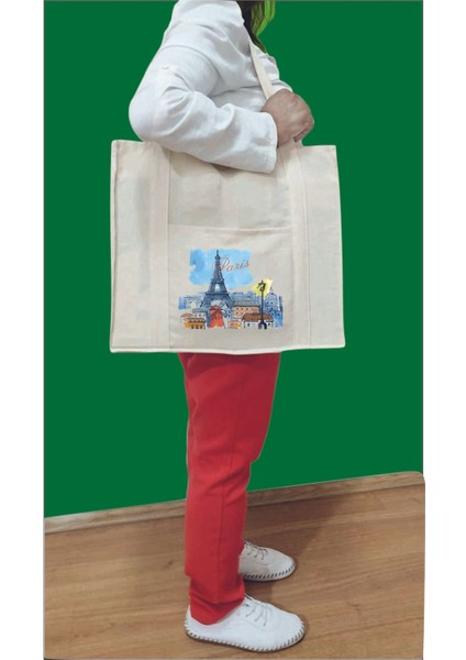 Bej Paris Baskılı Çift Taraf Cep Kanvas Çanta