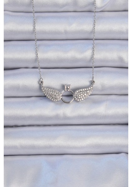 316L Çelik Zincir Gümüş Renk Kanatlı Tektaş Kolye