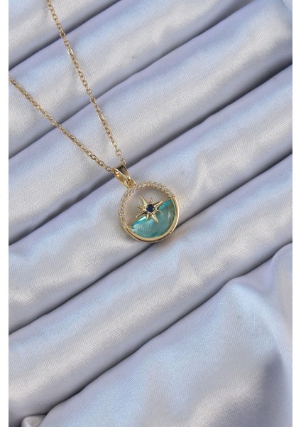 316L Çelik Zincir Altın Renk Zirkon Taşlı Deniz Görünüm Kutup Yıldızı Kolye
