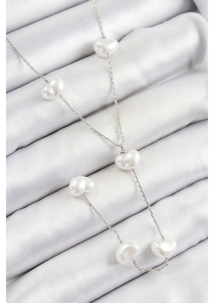 Pirinç Incili Kalp Figürlü Y Model Gümüş Renk Kadın Kolye