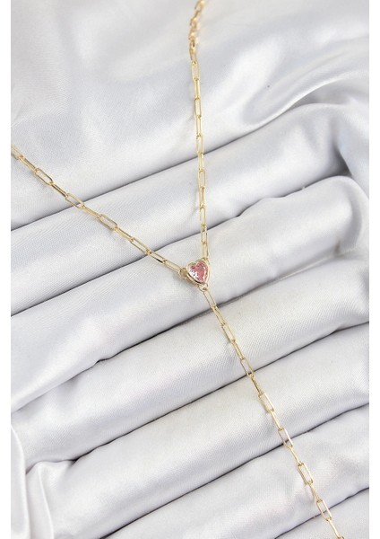 Pirinç Zirkon Taşlı Pembe Kalp Figürlü Y Model Gold Renk Kadın Kolye