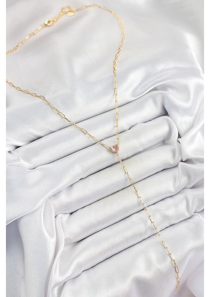 Pirinç Zirkon Taşlı Pembe Kalp Figürlü Y Model Gold Renk Kadın Kolye fiyatları