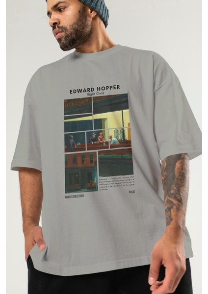 Edward Hopper Night Owls Ön Baskılı Oversize T-Shirt Erkek Kadın Bisiklet Yaka Pamuk Tişort modelleri