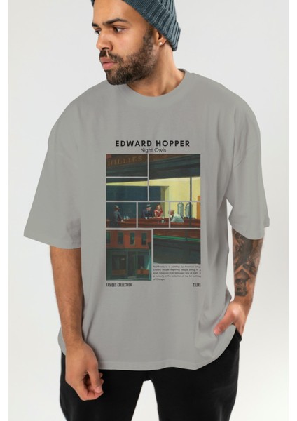 Edward Hopper Night Owls Ön Baskılı Oversize T-Shirt Erkek Kadın Bisiklet Yaka Pamuk Tişort