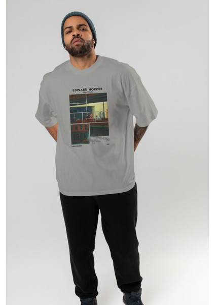 Edward Hopper Night Owls Ön Baskılı Oversize T-Shirt Erkek Kadın Bisiklet Yaka Pamuk Tişort