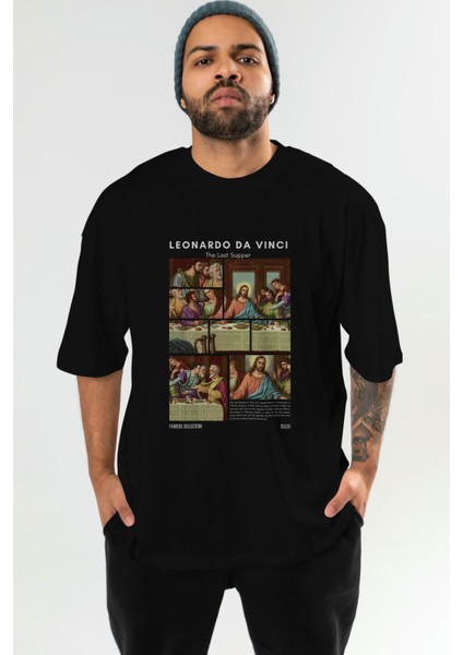 Leonardo Da Vinci Ön Baskılı Oversize T-Shirt Erkek Kadın Bisiklet Yaka Pamuk Tişort
