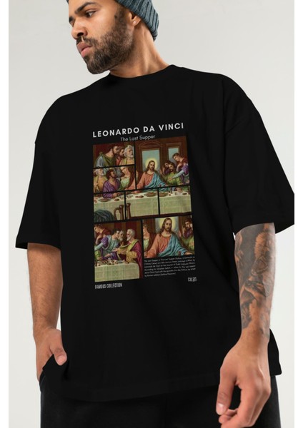 Leonardo Da Vinci Ön Baskılı Oversize T-Shirt Erkek Kadın Bisiklet Yaka Pamuk Tişort modelleri