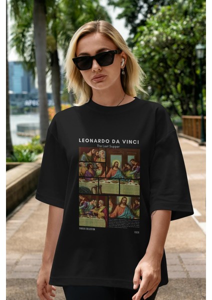 Leonardo Da Vinci Ön Baskılı Oversize T-Shirt Erkek Kadın Bisiklet Yaka Pamuk Tişort indirimleri
