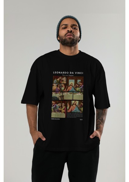 Leonardo Da Vinci Ön Baskılı Oversize T-Shirt Erkek Kadın Bisiklet Yaka Pamuk Tişort