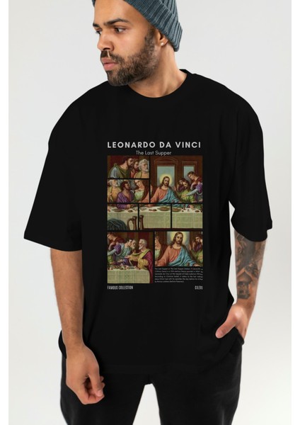 Leonardo Da Vinci Ön Baskılı Oversize T-Shirt Erkek Kadın Bisiklet Yaka Pamuk Tişort