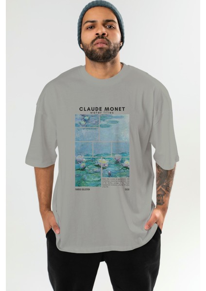 Claude Monet Ön Baskılı Oversize T-Shirt Erkek Kadın Bisiklet Yaka Pamuk Tişort