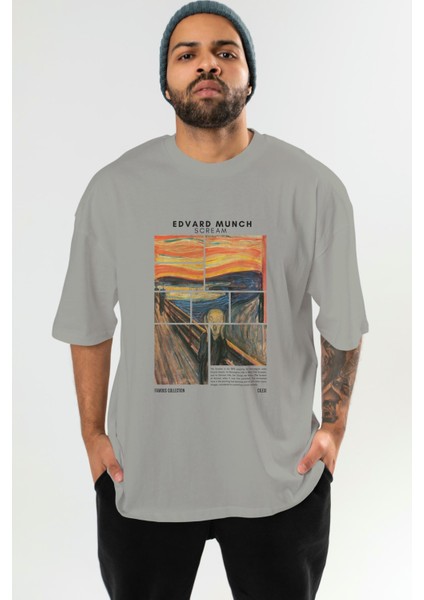 Edvard Munch Scream Ön Baskılı Oversize T-Shirt Erkek Kadın Bisiklet Yaka Pamuk Tişort