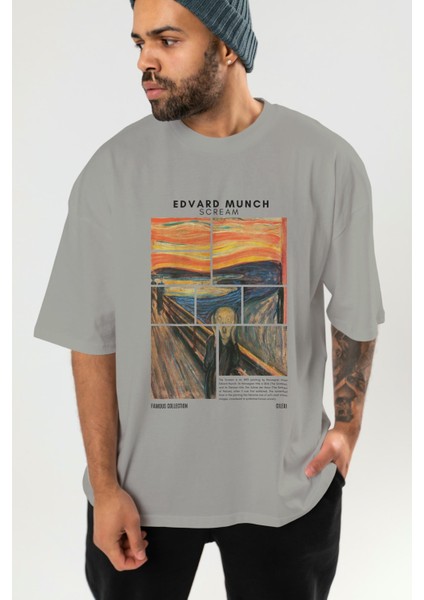 Edvard Munch Scream Ön Baskılı Oversize T-Shirt Erkek Kadın Bisiklet Yaka Pamuk Tişort