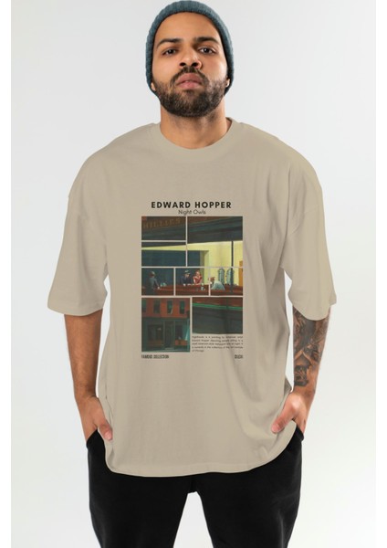 Edward Hopper Night Owls Ön Baskılı Oversize T-Shirt Erkek Kadın Bisiklet Yaka Pamuk Tişort