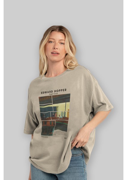 Edward Hopper Night Owls Ön Baskılı Oversize T-Shirt Erkek Kadın Bisiklet Yaka Pamuk Tişort fırsatları
