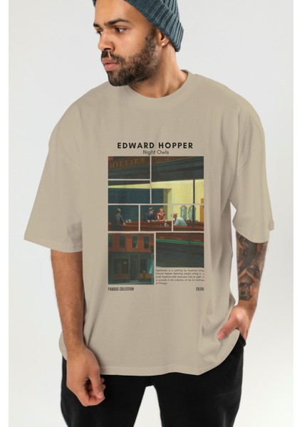 Edward Hopper Night Owls Ön Baskılı Oversize T-Shirt Erkek Kadın Bisiklet Yaka Pamuk Tişort