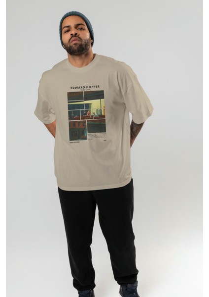 Edward Hopper Night Owls Ön Baskılı Oversize T-Shirt Erkek Kadın Bisiklet Yaka Pamuk Tişort