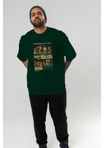 Leonardo Da Vinci Ön Baskılı Oversize T-Shirt Erkek Kadın Bisiklet Yaka Pamuk Tişort