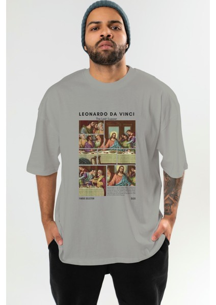 Leonardo Da Vinci Ön Baskılı Oversize T-Shirt Erkek Kadın Bisiklet Yaka Pamuk Tişort