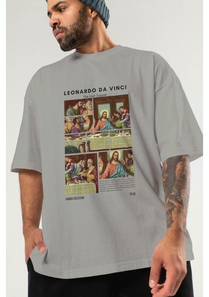 Leonardo Da Vinci Ön Baskılı Oversize T-Shirt Erkek Kadın Bisiklet Yaka Pamuk Tişort modelleri