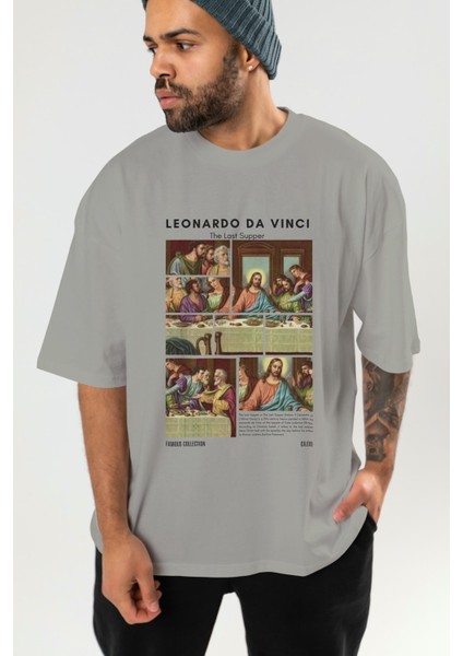 Leonardo Da Vinci Ön Baskılı Oversize T-Shirt Erkek Kadın Bisiklet Yaka Pamuk Tişort
