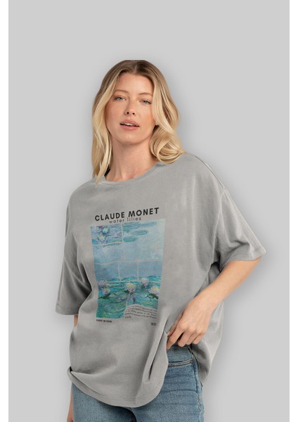 Claude Monet Ön Baskılı Oversize T-Shirt Erkek Kadın Bisiklet Yaka Pamuk Tişort fırsatları