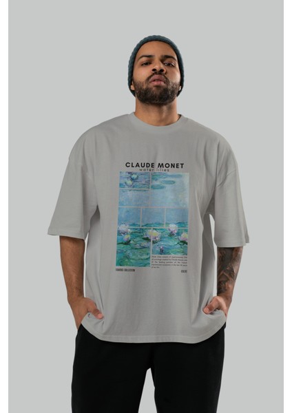 Claude Monet Ön Baskılı Oversize T-Shirt Erkek Kadın Bisiklet Yaka Pamuk Tişort indirimleri