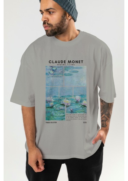 Claude Monet Ön Baskılı Oversize T-Shirt Erkek Kadın Bisiklet Yaka Pamuk Tişort