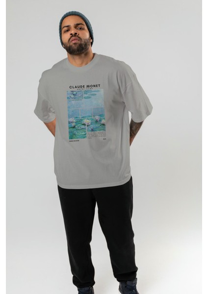 Claude Monet Ön Baskılı Oversize T-Shirt Erkek Kadın Bisiklet Yaka Pamuk Tişort