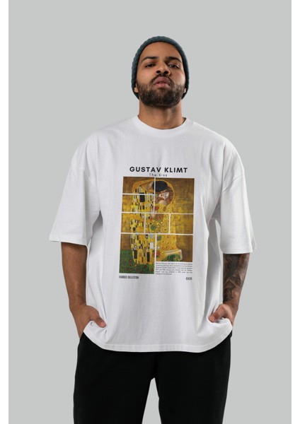 Gustav Klimt The Kiss Ön Baskılı Oversize T-Shirt Erkek Kadın Bisiklet Yaka Pamuk Tişort
