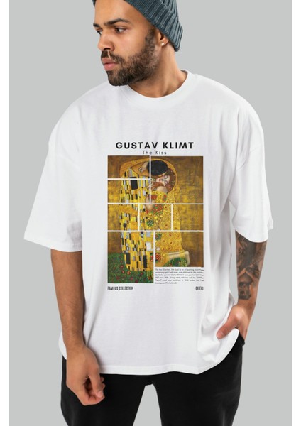 Gustav Klimt The Kiss Ön Baskılı Oversize T-Shirt Erkek Kadın Bisiklet Yaka Pamuk Tişort