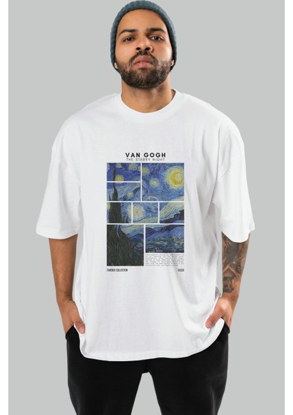 Van Gogh The Starry Night Ön Baskılı Oversize T-Shirt Erkek Kadın Bisiklet Yaka Pamuk Tişort