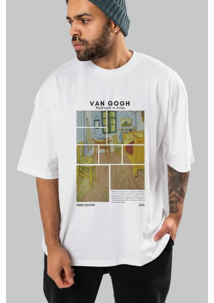 Van Gogh Ön Baskılı Oversize T-Shirt Erkek Kadın Bisiklet Yaka Pamuk Tişort