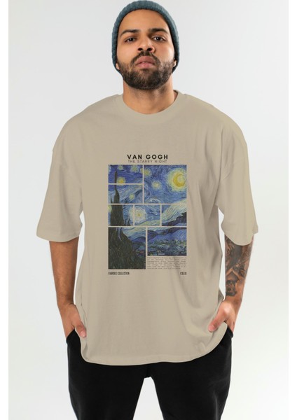 Van Gogh The Starry Night Ön Baskılı Oversize T-Shirt Erkek Kadın Bisiklet Yaka Pamuk Tişort