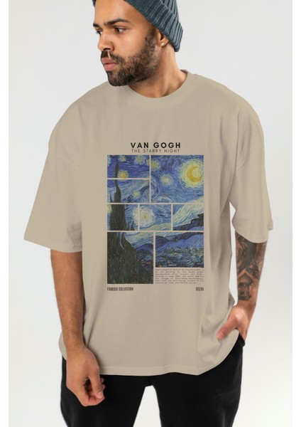 Van Gogh The Starry Night Ön Baskılı Oversize T-Shirt Erkek Kadın Bisiklet Yaka Pamuk Tişort