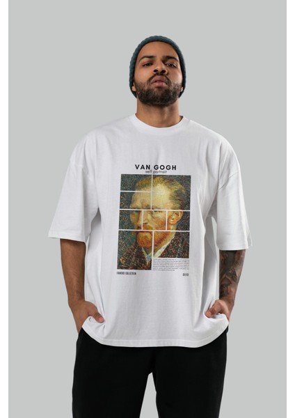 Van Gogh Self Portrait Ön Baskılı Oversize T-Shirt Erkek Kadın Bisiklet Yaka Pamuk Tişort
